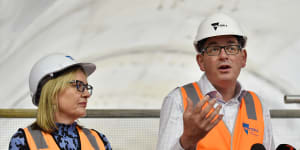 Premier Daniel Andrews and Jacinta Allan,minister for transport and infrastructure,at the Metro Tunnel’s Town Hall Station construction site earlier this month. 