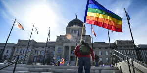 Demonstrators gather on the step of the Montana State Capitol in 2021 after the Senate Judiciary Committee voted to advance two bills targeting transgender youth despite overwhelming testimony opposing the measures.