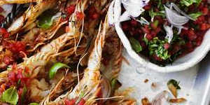 Char-grilled whole prawns with watermelon and basil dressing.