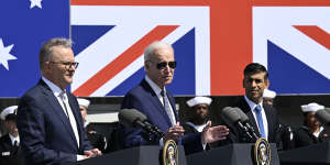 Anthony Albanese,Joe Biden and Rishi Sunak in San Diego during the announcement of the trilateral security pact between Australia,Britain and the United States.