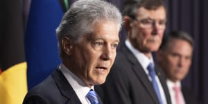 Former defence minister Stephen Smith and former defence chief Angus Houston,pictured with Defence Minister Richard Marles at the announcement of the review in August 2022.