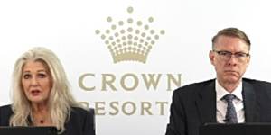 Crown chair Helen Coonan and chief executive Ken Barton at Crown’s virtual general meeting.