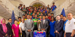 NYPD Sgt Mohammed Latif,second from right,with officials and teenagers from his cricket program promoting last year’s World Cup at New York’s City Hall.
