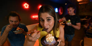 Simone Gervasi tasting the new taro flavoured Bingsu dessert at Scoopy Milk Bar.