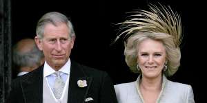 Prince Charles and Camilla,Duchess of Cornwall,leave St George’s Chapel in Windsor on April 9,2005.