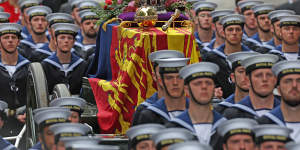 Members of the Royal Navy beside the coffin of Queen Elizabeth II.