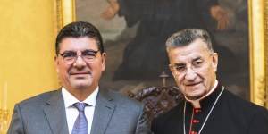 Maronite Patriarch Bechara Rai,right,poses for a photograph with Bahaa Hariri,the eldest son of slain former PM Rafik Hariri after their meeting in Rome,Italy,on Monday.