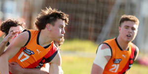 Harry Rowston handballs during a NAB League match between Eastern Ranges and Calder Cannons. 