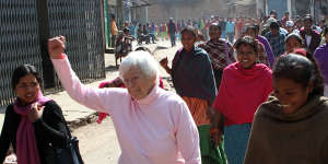 Olga Murray marches with hundreds of freed domestic slaves in Ghorahi,Nepal,2009.
