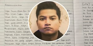 A handwritten note written by Shukri Azam Bin Sirul Azha about his father Sirul Azhar Umar,who has been detained in Sydney over a gruesome Malaysian murder. 
