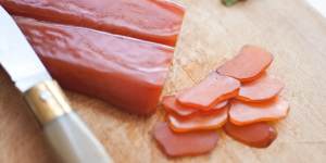 'Parmigiano reggiano of the sea':Slices of bottarga.