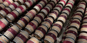 Oak barrels at the fermentation workshop of the Xige Estate. 