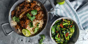 Perfect pairing:Beef rendang curry and turmeric greens.