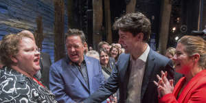 Canadian Prime Minister Justin Trudeau and his wife Sophie Gregoire chat with some of the citizens from Gander,Newfoundland,after the Broadway musical Come From Away in New York.