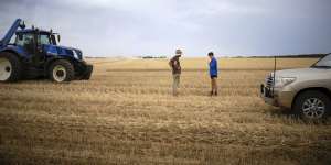 Grain farmer Mick Elford discusses the weather with chaser bin driver Ryder Morriss. 
