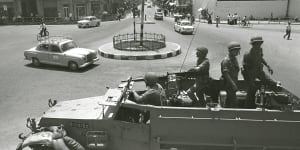 An Israeli army patrol passes through Gaza’s main square in 1969,two years after the Six Day War.