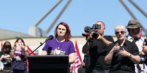 Saxon Mullins speaks at the March 4 Justice rally in Canberra in March.