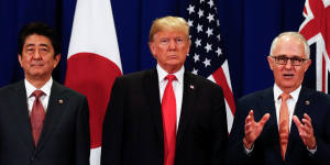 Malcolm Turnbull with President Donald Trump and Shinzo Abe at the ASEAN summit in Manila,Philippines on November 13,2017. 