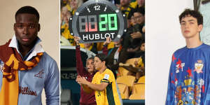 The RM Williams heritage pieces for Rugby Australia;Sam Kerr of on the touch line beneath the Hublot scoreboard during the FIFA Women’s World Cup Australia&New Zealand at Brisbane Stadium on August 12;the Leagues Cup merchandise from Liberal ministry of Youth and creative director Guillermo Andande.