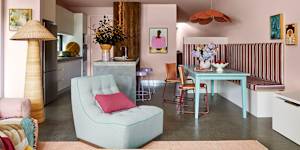 The soft tones of millennial pink has proved to be surprisingly versatile teamed with harmonious and contrasting colours.