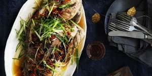 Barbecued snapper with black beans and salted chillies.