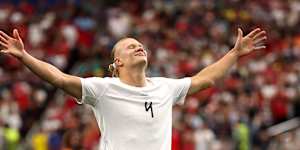 Erling Haaland celebrates his goal for Norway.