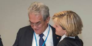 That was then:Foreign Minister Julie Bishop hugs then Marshall Islands minister Tony de Brum at the Paris climate summit.