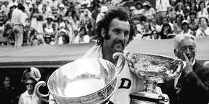 Mark Edmondson with the spoils of victory after his remarkable win in the men’s singles at the 1976 Australian Open.