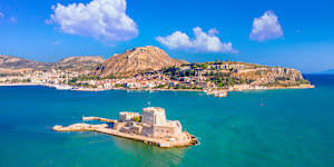 The town of Nafplio is distinguished by its tiled rooftops,castle and fortress.
