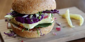 The haloumi burger is lifted by avjar relish.