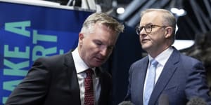 Shadow Minister for Climate Change and Energy Chris Bowen and Opposition Leader Anthony Albanese at the Smart Energy Council conference and exhibition on Thursday.