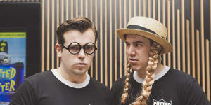Potted Potter by Lunchbox Theatrical Productions will be showing at Canberra Theatre Centre. From left,James Percy as Harry Potter and Joseph Maudsley as everyone else.