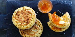 Buttered crumpets with grapefruit and cardamom marmalade (recipe below).
