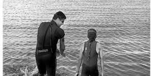 Steve Bracks and Nick,then 14,before swimming training at Williamstown Beach in preparation for the Lorne Pier to Pub swim.