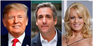The case against Trump centres on payments made by his then-lawyer,Michael Cohen (centre),to adult film actress Stormy Daniels.
