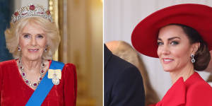 Queen Camilla ahead of the state banquet,for the state visit to the UK by President of South Korea Yoon Suk Yeol and his wife Kim Keon Hee at Buckingham Palace and Princess Catherine at the official welcome for the president. 