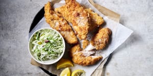 Oven-baked buttermilk snapper with green apple slaw.