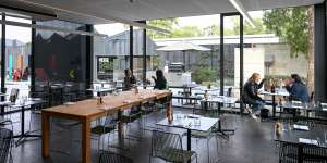 Inside the light and airy cafe at Heide Museum of Modern Art.