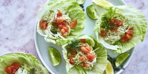 Simple and elegant:Lettuce cups with celeriac remoulade and raw salmon.