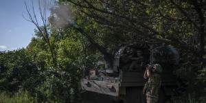 Ukrainian soldiers fire at the Russian air target on the frontline near Bakhmut,in the Donetsk region on Monday.