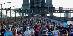 Thousands cross the Sydney Harbour Bridge during the 2024 marathon.