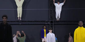 Models wear creations as part of Issey Miyake Homme Plisse men’s Spring Summer 2023 collection.
