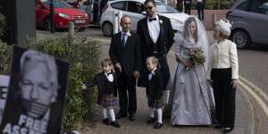 Stella Moris arrives with her sons Gabriel and Max,in kilts,and her mother to marry her partner,WikiLeaks founder Julian Assange.