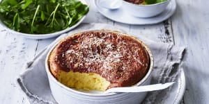 This garlic and three-cheese souffle loves the company of a simple,green,leafy salad.