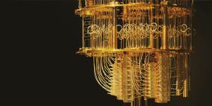 The elegant “exoskeleton” of an IBM quantum computer,supporting the chip within. 