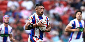 Jermaine McEwen makes a break during the Knights’ match against Gold Coast Titans during Magic Round in Brisbane last month.