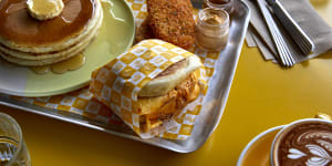 Happyfield’s Happiest Meal comprises two hash browns,a “McLovin Muffin” with egg,cheese and chicken sausage,and three pancakes.