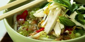 Fragrant chicken and rice noodle soup.
