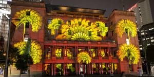 A print by Florence Broadhurst is projected onto the front of Customs House,which is part of Vivid’s Light Walk.