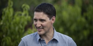 Canadian Prime Minister Justin Trudeau at a farm visit in Summerland,British Columbia on Monday.